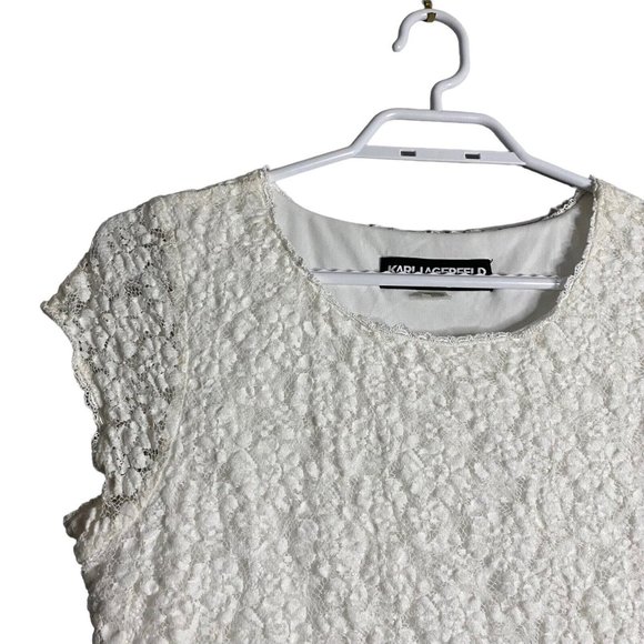 Karl Lagerfeld Paris Women's White Short Sleeve Lace Top - Picture 3 of 4